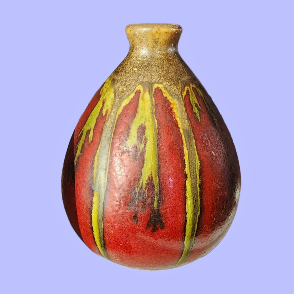Burgundy Wine & Green Drip Glazed Small Round Ceramic Bud Vace